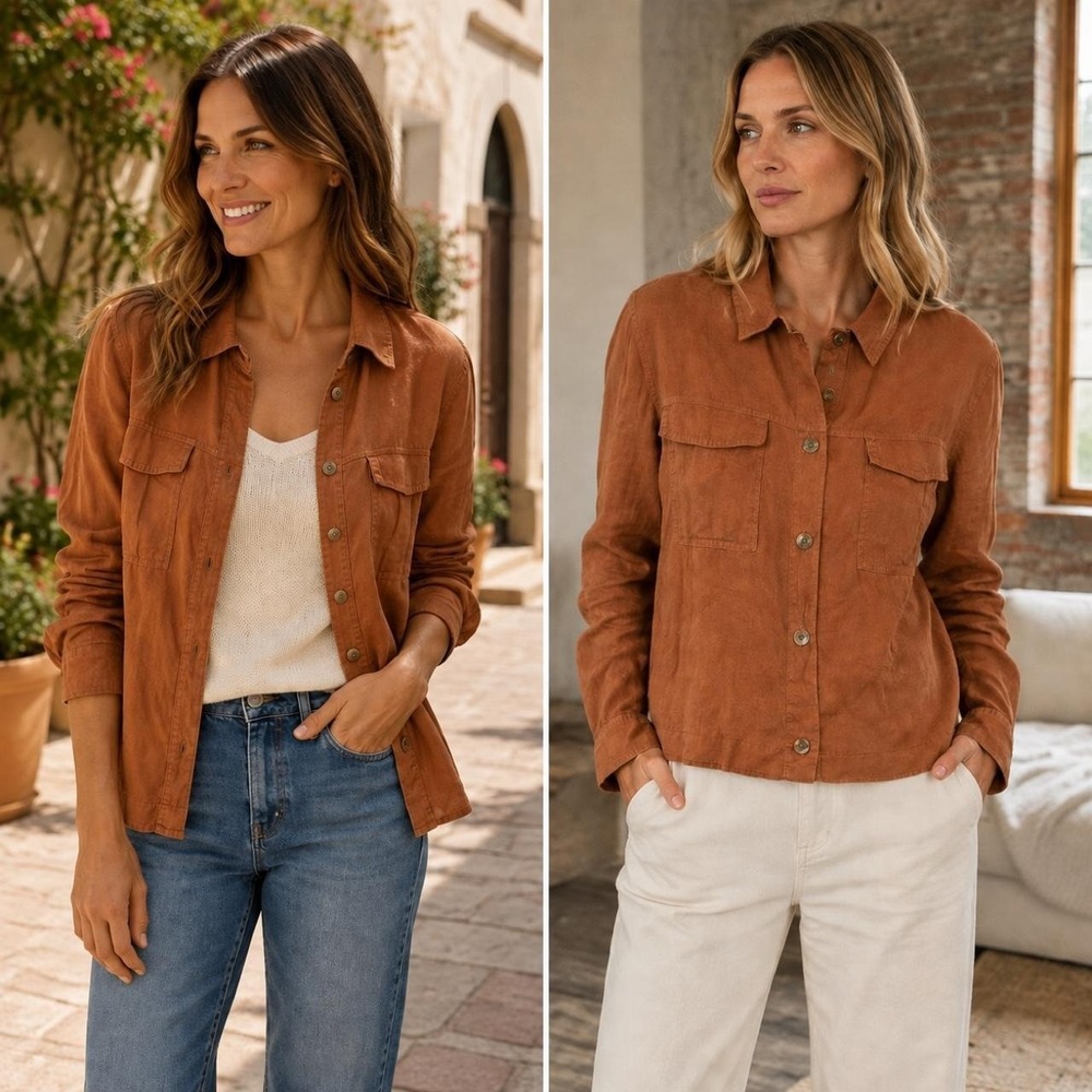Rachel Zoe Women's L Rust 100% Linen Utility Shirt Jacket Boho Resort Coastal
